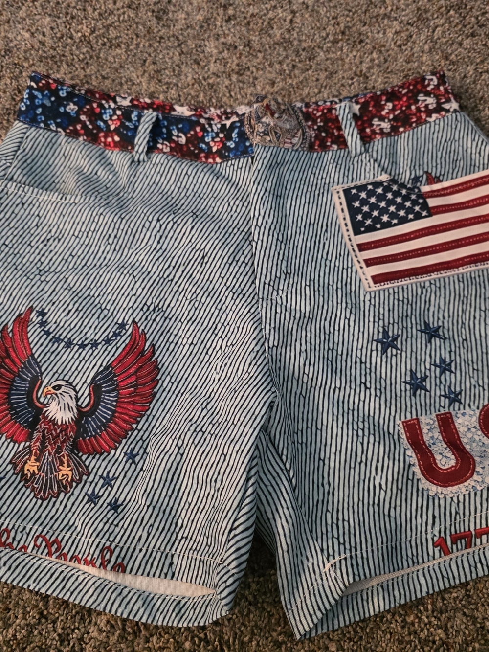 Patriotic Embroidered Striped Women’s Shorts - Red, White, Blue